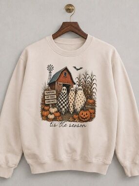 Tis The Season Ghost Trio Pimpkin Patch Ghosts Crewneck Sweatshirt - Sand